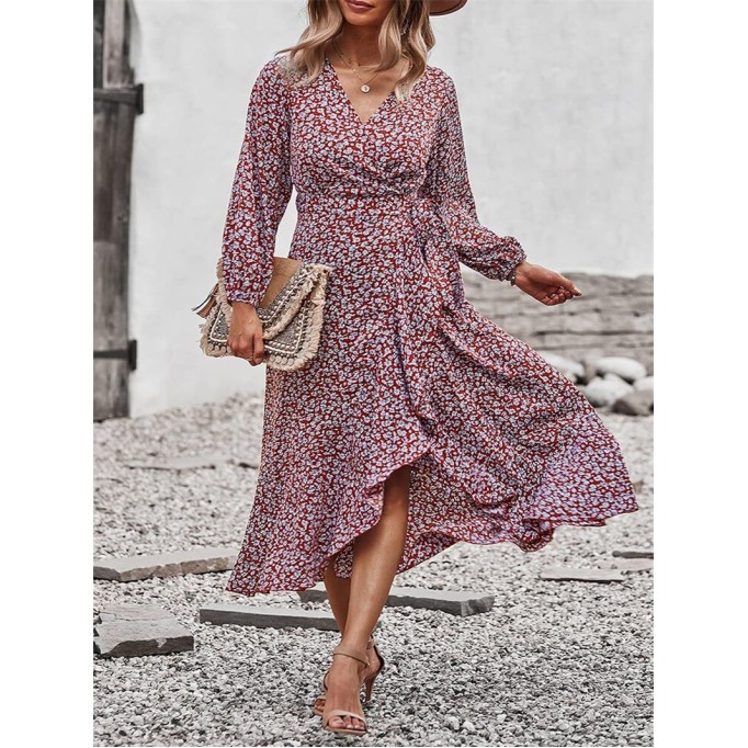 Allover Printed Puff Sleeve Ruffle Hem Belted Dress