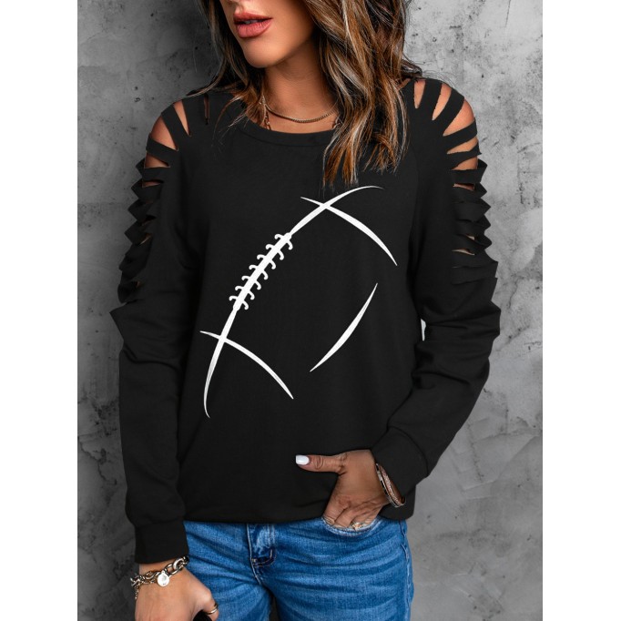 American football cold shoulder crew neck casual sweatshirt