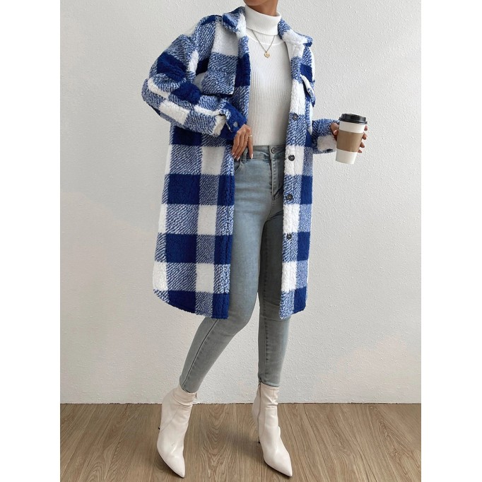 Autumn and winter lapel plush plaid coat loose long coat