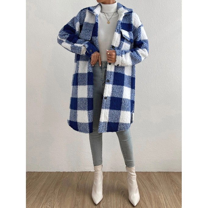 Autumn and winter lapel plush plaid coat loose long coat