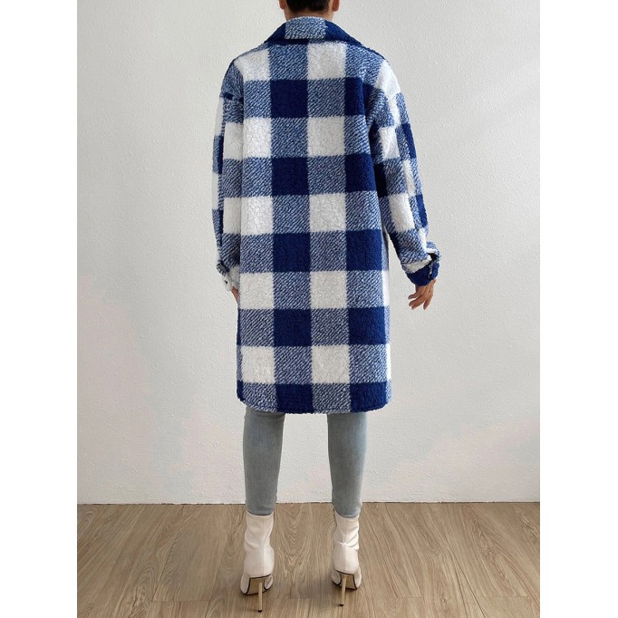 Autumn and winter lapel plush plaid coat loose long coat