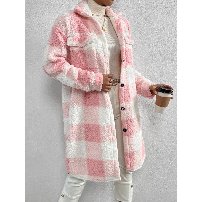 Autumn and winter lapel plush plaid coat loose long coat