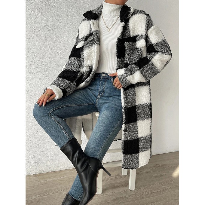 Autumn and winter lapel plush plaid coat loose long coat