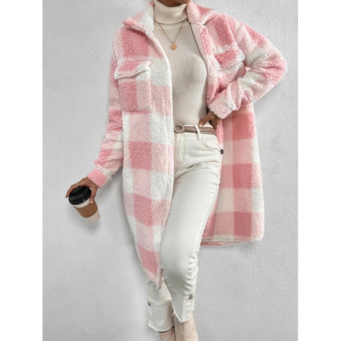 Autumn and winter lapel plush plaid coat loose long coat