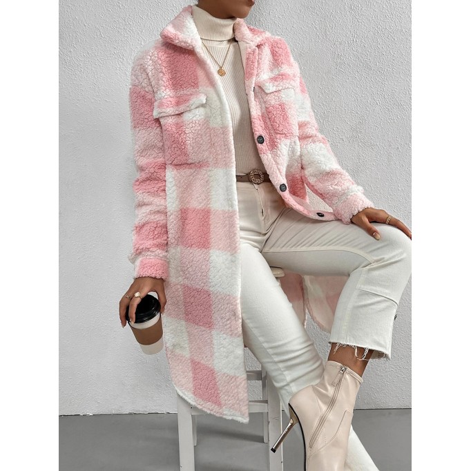 Autumn and winter lapel plush plaid coat loose long coat