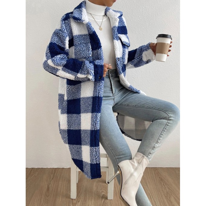 Autumn and winter lapel plush plaid coat loose long coat