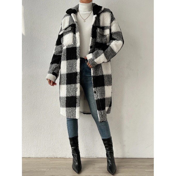 Autumn and winter lapel plush plaid coat loose long coat