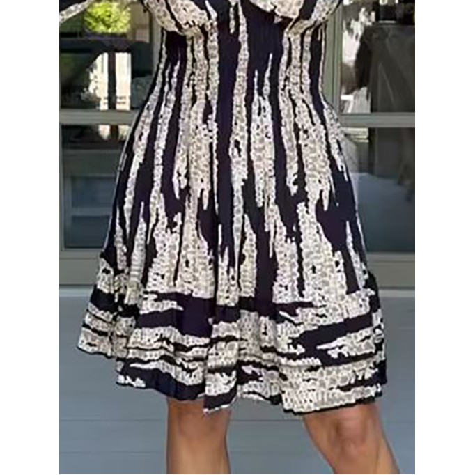 Bell Sleeve V-neck Dress  Print Mid-length Skirt