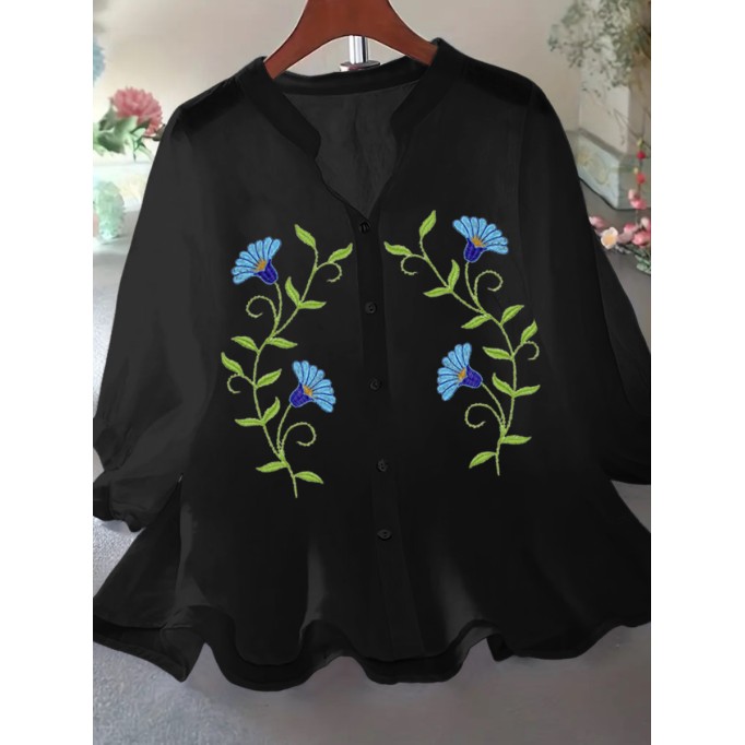 Black women's loose cotton linen embroidered shirt