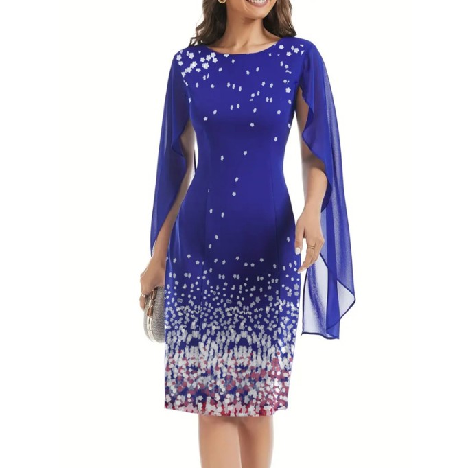 Blue chiffon patchwork elegant slim-fit dress dress