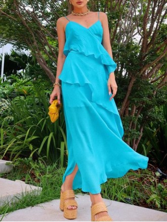 Blue halter ruffled patchwork dress