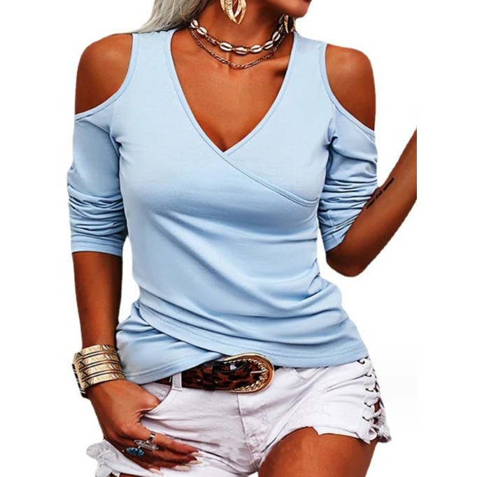 Blue off-the-shoulder sexy knit T-shirt top