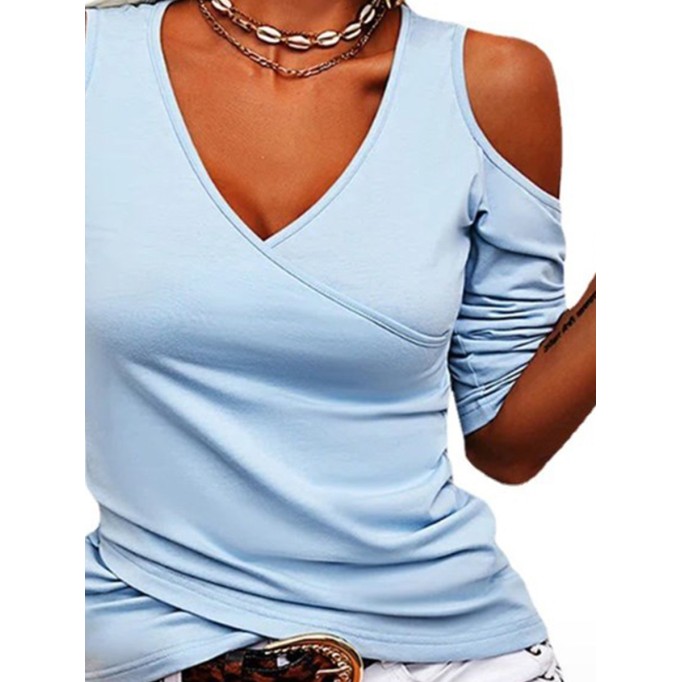 Blue off-the-shoulder sexy knit T-shirt top