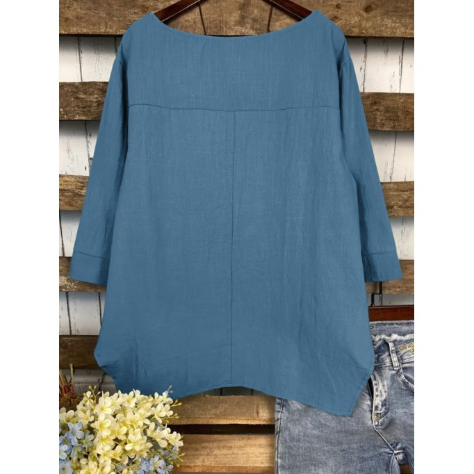 Blue round neck pullover loose comfortable breathable cotton linen shirt