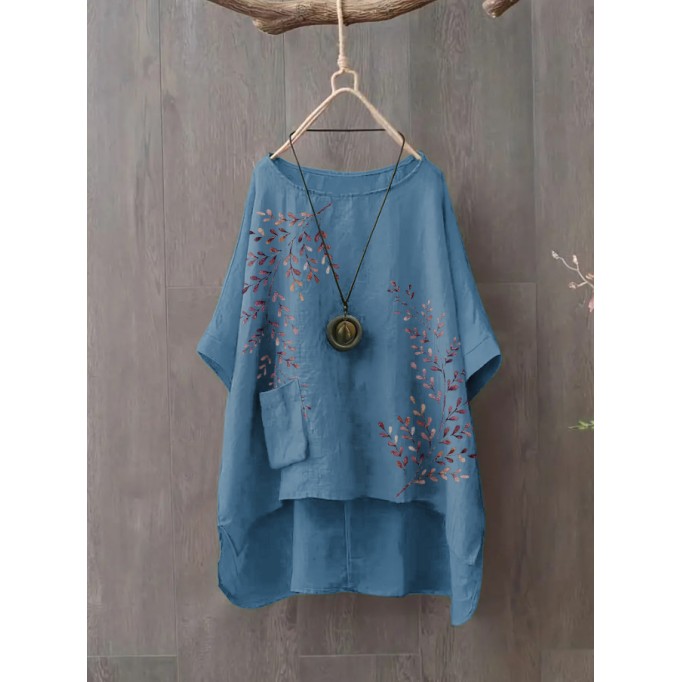 Blue round neck pullover loose comfortable breathable cotton linen shirt