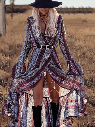 Bohemian Print V Neck Bell Sleeve Maxi Dress