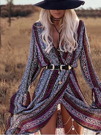 Bohemian Print V Neck Bell Sleeve Maxi Dress