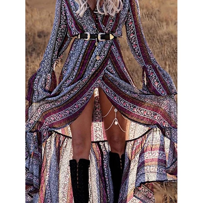 Bohemian Print V Neck Bell Sleeve Maxi Dress