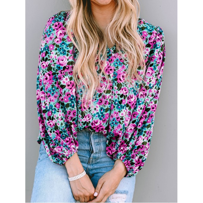 BOHO FLORAL PRINT V-NECK LONG SLEEVE BLOUSE