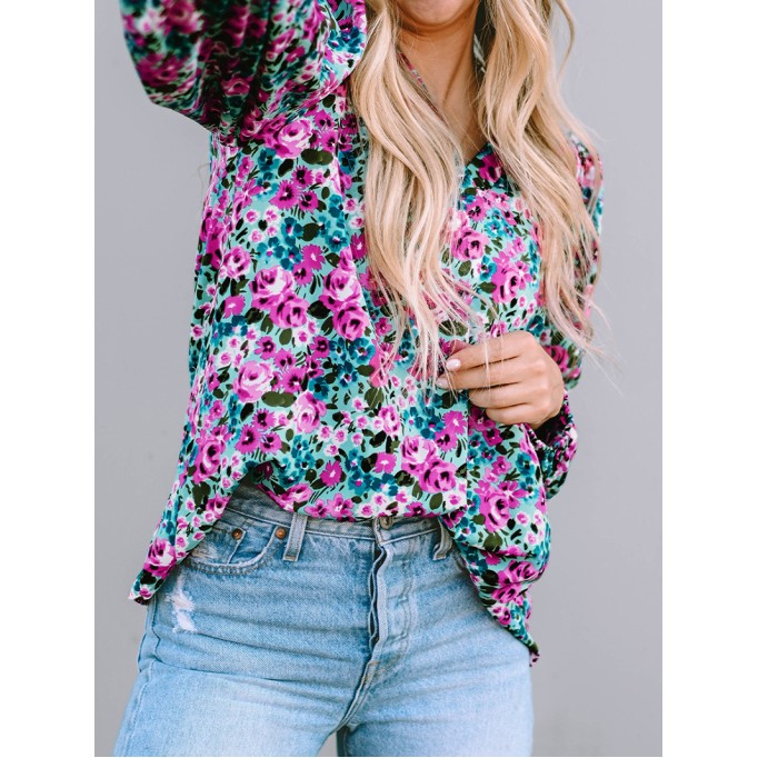 BOHO FLORAL PRINT V-NECK LONG SLEEVE BLOUSE