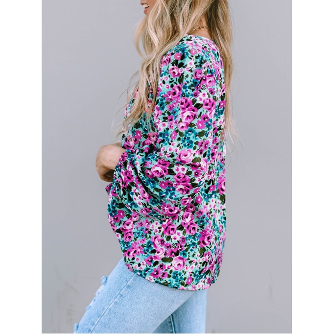 BOHO FLORAL PRINT V-NECK LONG SLEEVE BLOUSE