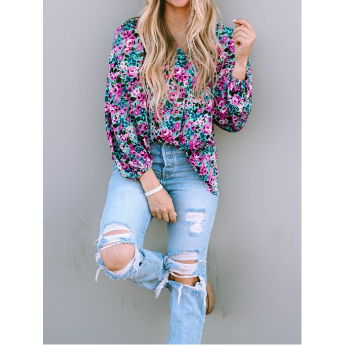 BOHO FLORAL PRINT V-NECK LONG SLEEVE BLOUSE