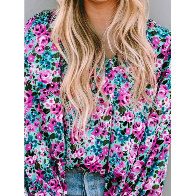 BOHO FLORAL PRINT V-NECK LONG SLEEVE BLOUSE