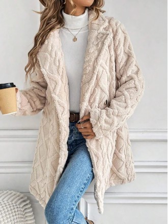 Buckle Jacquard Winter Warmth Plain Thicken Fleece Casual Loose Lapel Collar Mid-long Teddy Jacket