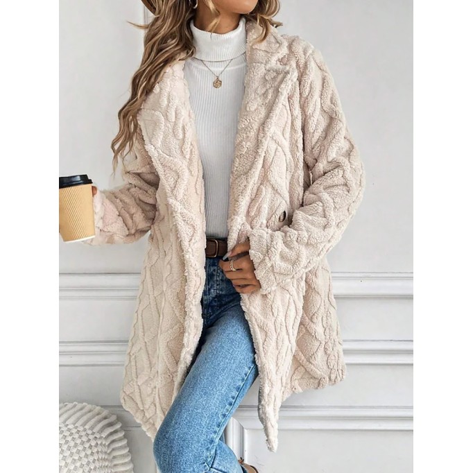 Buckle Jacquard Winter Warmth Plain Thicken Fleece Casual Loose Lapel Collar Mid-long Teddy Jacket