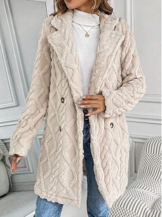 Buckle Jacquard Winter Warmth Plain Thicken Fleece Casual Loose Lapel Collar Mid-long Teddy Jacket