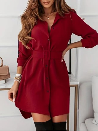 Burgundy shirt dress with lapel waist