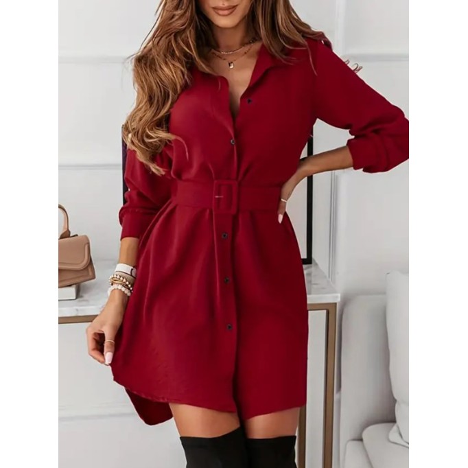 Burgundy shirt dress with lapel waist