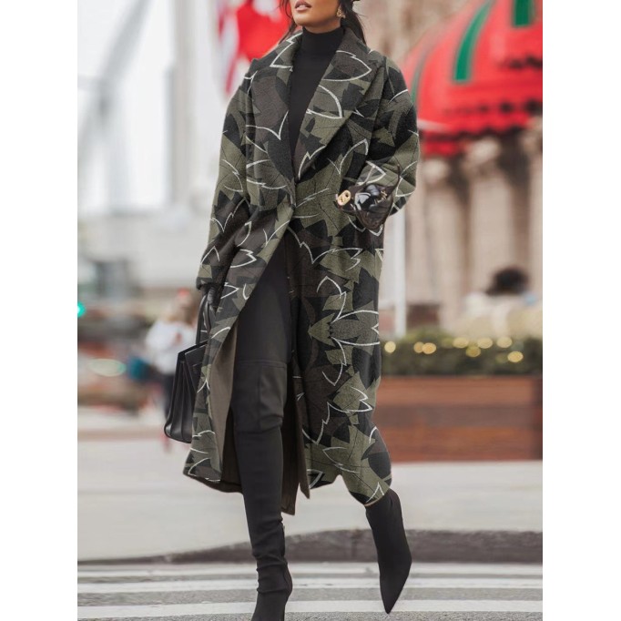 Camo Warm Long Sleeve Long Wool Coat