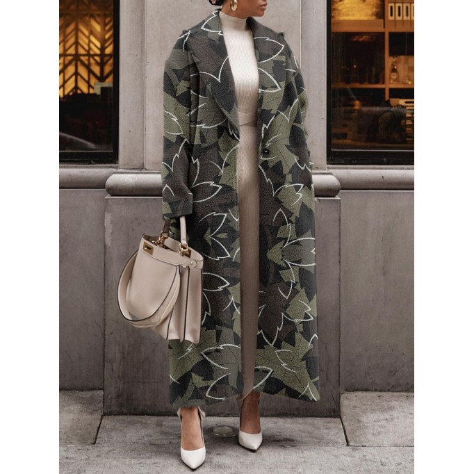 Camo Warm Long Sleeve Long Wool Coat