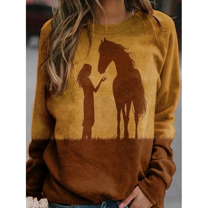 Casual Character Camel Print Paneled Color-block T-shirt