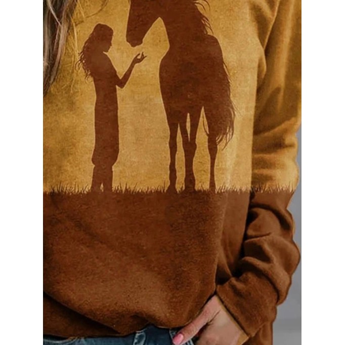 Casual Character Camel Print Paneled Color-block T-shirt