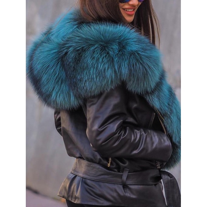 Casual contrast color fur collar patchwork coat