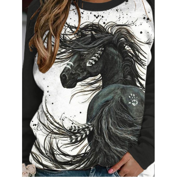 Casual contrasting horse print crew neck sweatshirt