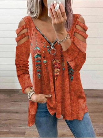 Casual Feather Print Cutout Long Sleeve T-shirt