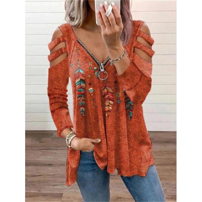 Casual Feather Print Cutout Long Sleeve T-shirt