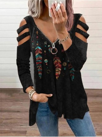 Casual Feather Print Cutout Long Sleeve T-shirt