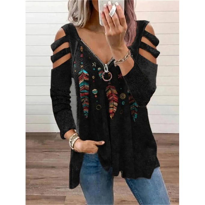 Casual Feather Print Cutout Long Sleeve T-shirt