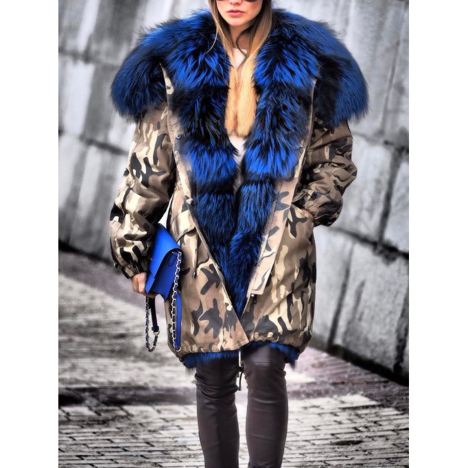 Casual fur collar patchwork camouflage coat