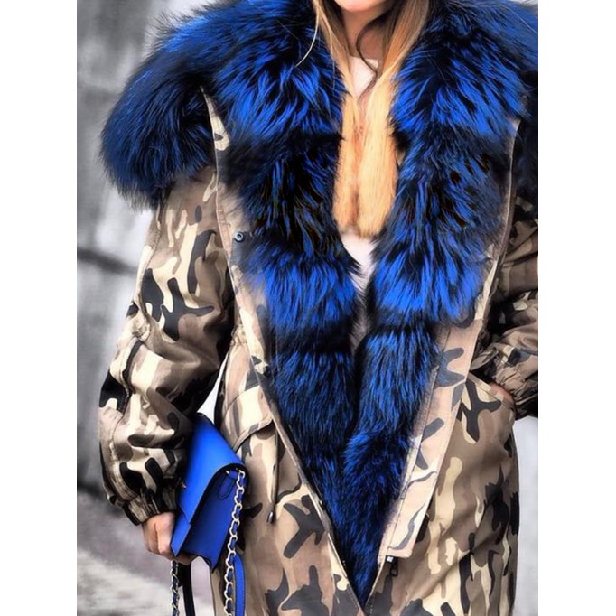 Casual fur collar patchwork camouflage coat