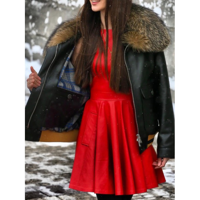 Casual fur collar patchwork leather coat