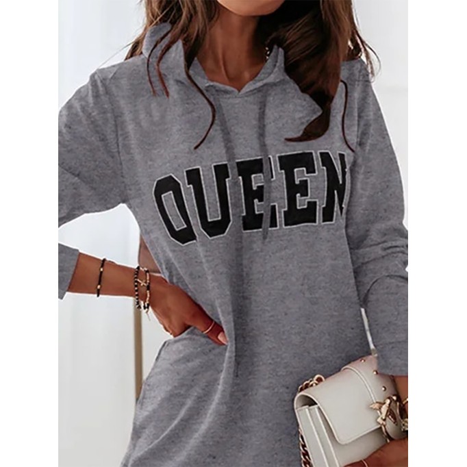 Casual Letter Draw String Hooded Collar Dresses