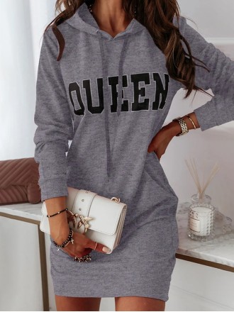 Casual Letter Draw String Hooded Collar Dresses