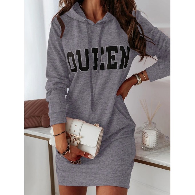 Casual Letter Draw String Hooded Collar Dresses