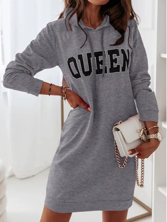 Casual Letter Draw String Hooded Collar Dresses