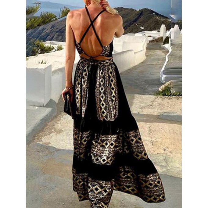 Casual Print Halter Cake Skirt Dresses